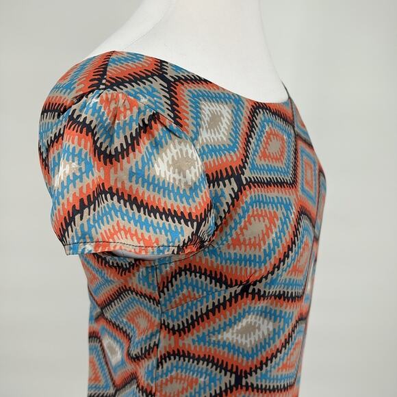Paraella Womens Geometric Cap Sleeve Sheath Dress Size M Blue Coral Tan - Picture 3 of 15